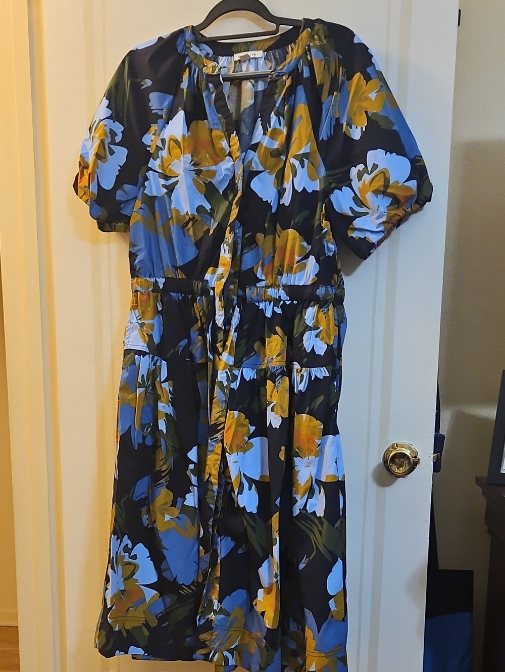 Free Assembly Floral Tie-Waist Midi Dress in Green, Blues & Mustard, Sz Large
